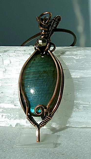 Labradorite gemstone copper wire wrapped crystal pendant with silver accent bead