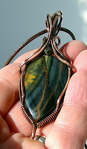 Blue Tiger’s Eye gemstone copper wire wrapped crystal pendant with pyrite accent bead