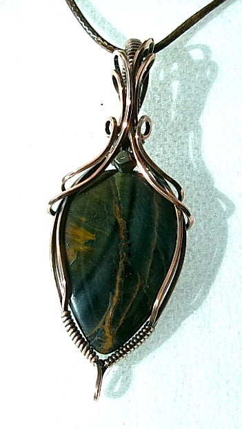 Blue Tiger’s Eye gemstone copper wire wrapped crystal pendant with pyrite accent bead