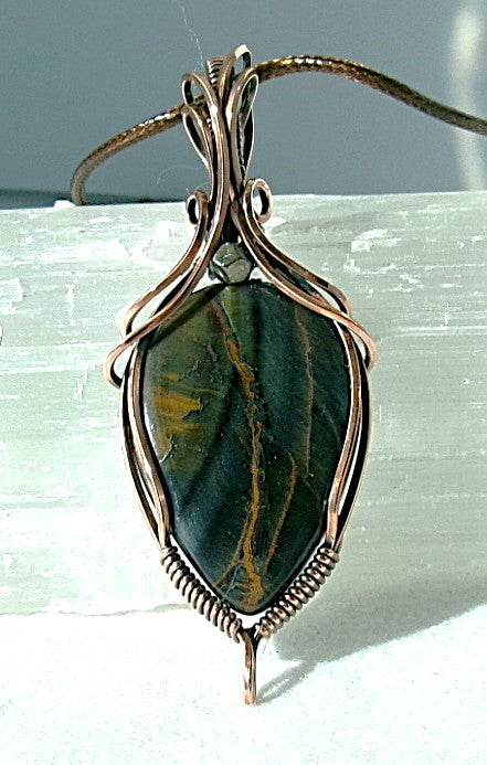 Blue Tiger’s Eye gemstone copper wire wrapped crystal pendant with pyrite accent bead