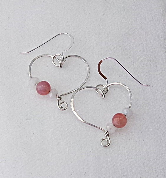 Pink Botswana agate and moonstone sterling silver wire earrings in a heart shape design with a tiny spiral
