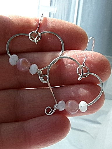 Pink Botswana agate and moonstone sterling silver wire earrings in a heart shape design with a tiny spiral