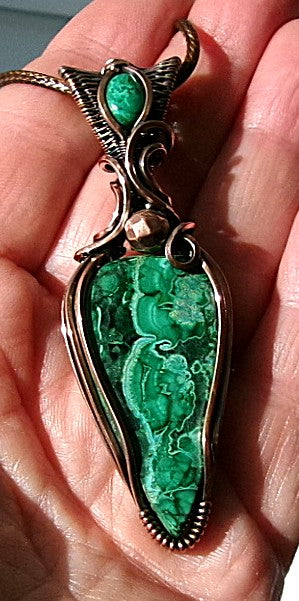 Chrysocolla Malachite gemstone copper wire wrapped crystal pendant with chrysocolla bail stone and copper accent bead