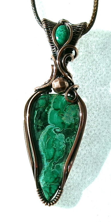 Chrysocolla Malachite gemstone copper wire wrapped crystal pendant with chrysocolla bail stone and copper accent bead