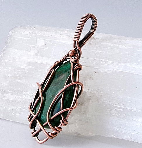 Chrysocolla gemstone copper wire wrapped crystal pendant with copper accent bead