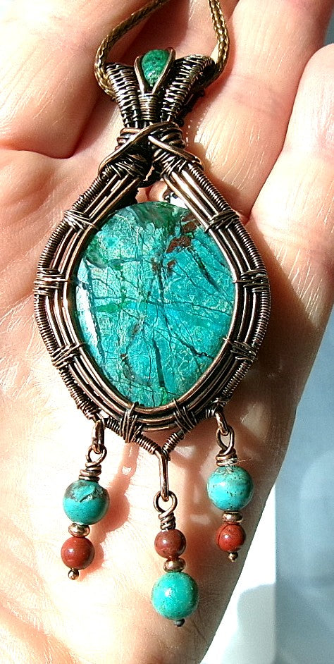 Chrysocolla gemstone copper wire wrapped crystal pendant with chrysocolla bail stone and 3 dangles