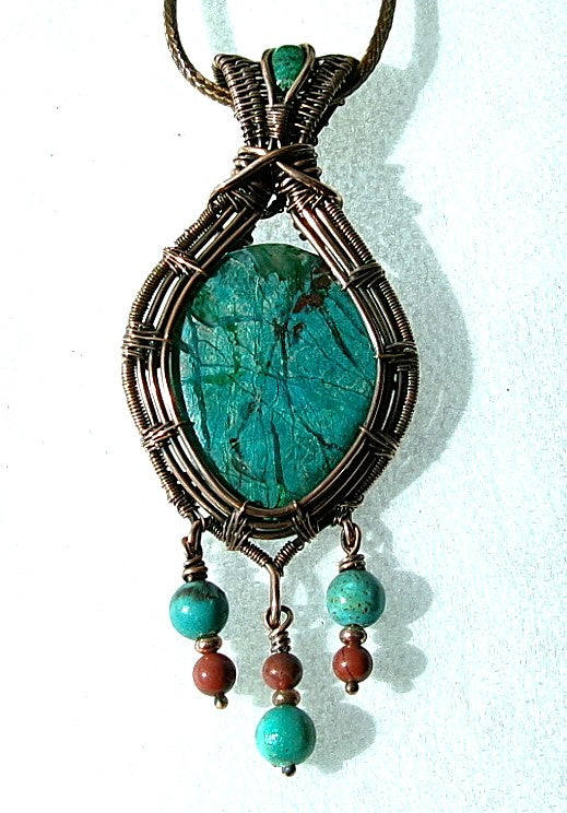 Chrysocolla gemstone copper wire wrapped crystal pendant with chrysocolla bail stone and 3 dangles