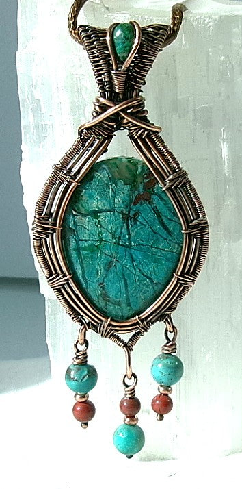 Chrysocolla gemstone copper wire wrapped crystal pendant with chrysocolla bail stone and 3 dangles