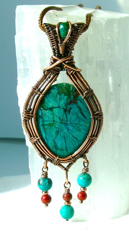 Chrysocolla gemstone copper wire wrapped crystal pendant with chrysocolla bail stone and 3 dangles