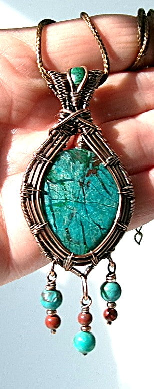 Chrysocolla gemstone copper wire wrapped crystal pendant with chrysocolla bail stone and 3 dangles