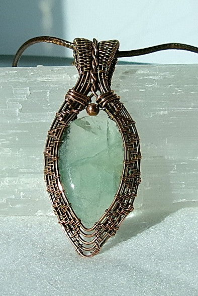 Green Fluorite gemstone copper wire wrapped crystal pendant with a copper accent bead