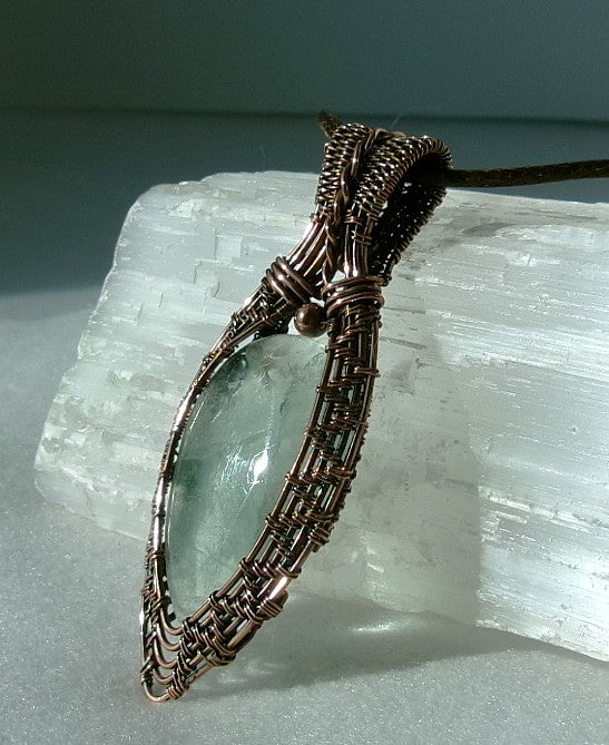 Green Fluorite gemstone copper wire wrapped crystal pendant with a copper accent bead