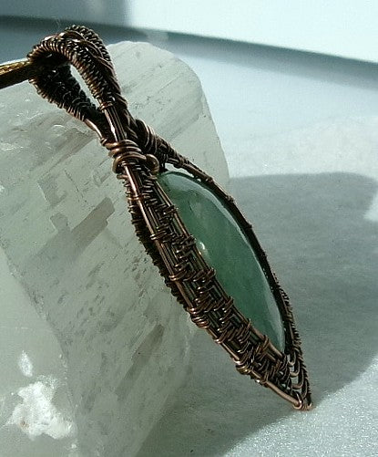 Green Fluorite gemstone copper wire wrapped crystal pendant with a copper accent bead