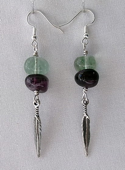 Green and purple fluorite silver filled wire earrings with silver feather charm dangle