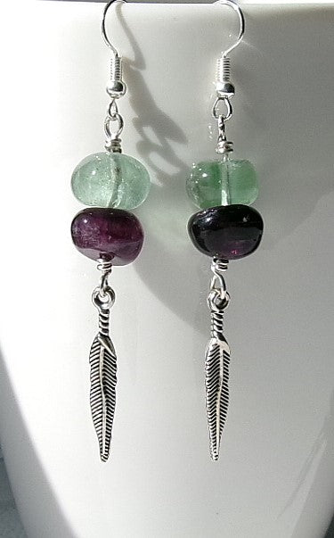 Green and purple fluorite silver filled wire earrings with silver feather charm dangle