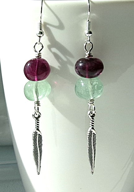Green and purple fluorite silver filled wire earrings with silver feather charm dangle