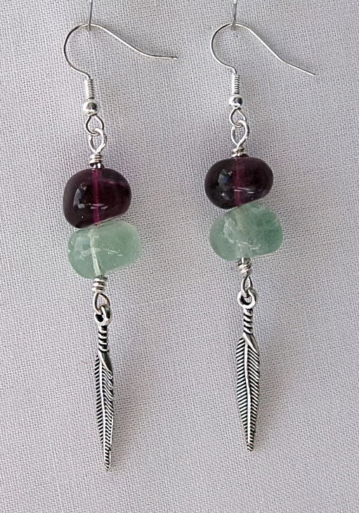 Green and purple fluorite silver filled wire earrings with silver feather charm dangle