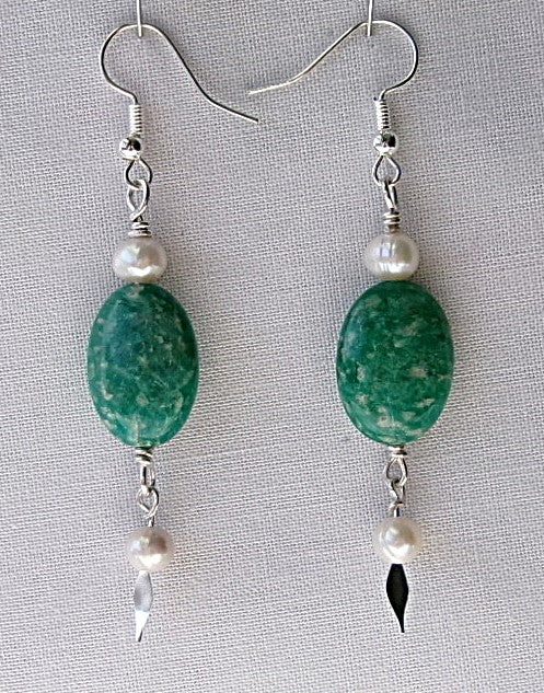 Amazonite oval shaped silver filled wire earrings with a white freshwater pearl accent bead and a white freshwater pearl dangle