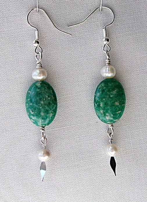 Amazonite oval shaped silver filled wire earrings with a white freshwater pearl accent bead and a white freshwater pearl dangle