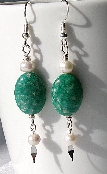 Amazonite oval shaped silver filled wire earrings with a white freshwater pearl accent bead and a white freshwater pearl dangle