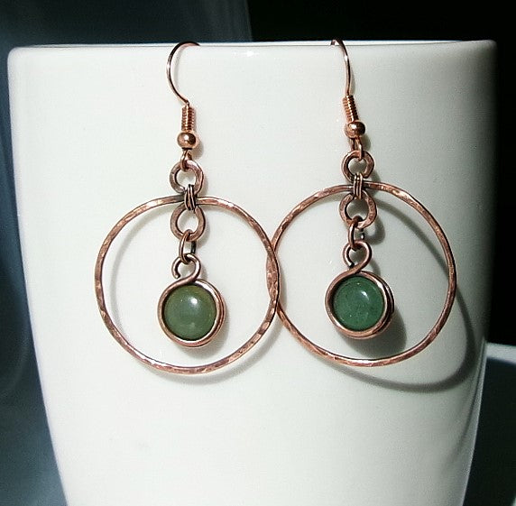 Green aventurine copper wire wrapped hammered hoop earrings