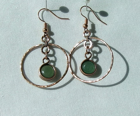 Green aventurine copper wire wrapped hammered hoop earrings