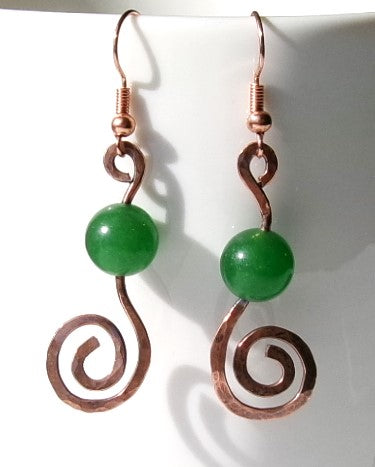 Green aventurine bead copper wire earrings with hammered spiral