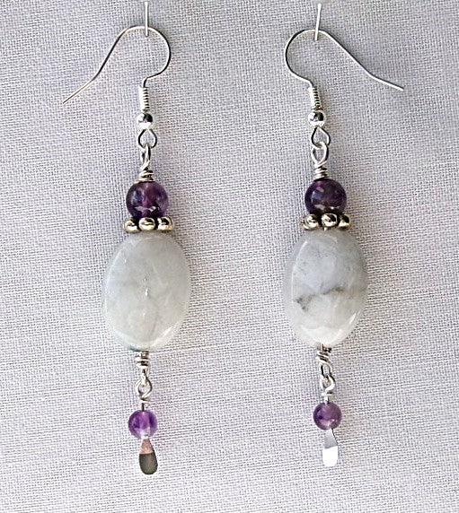 White jade oval shaped silver filled wire earrings with amethyst and silver accent beads and dangle