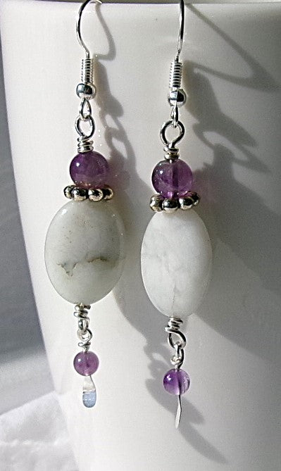 White jade oval shaped silver filled wire earrings with amethyst and silver accent beads and dangle