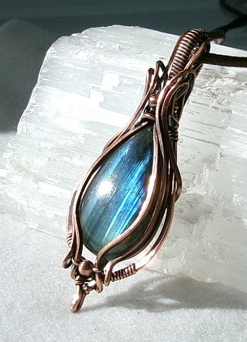 Labradorite gemstone copper wire wrapped crystal pendant with copper accent beads
