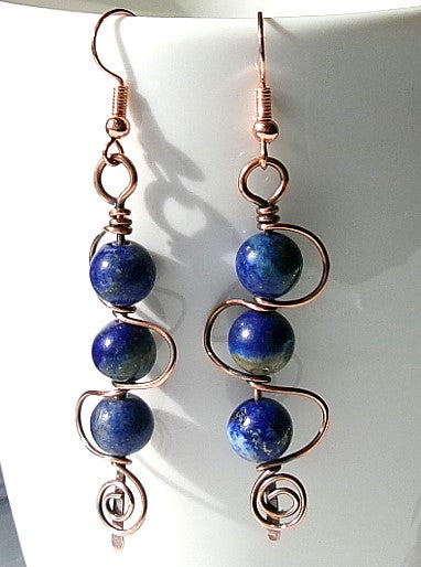 Lapis lazuli copper wire earrings in stacked spiral design