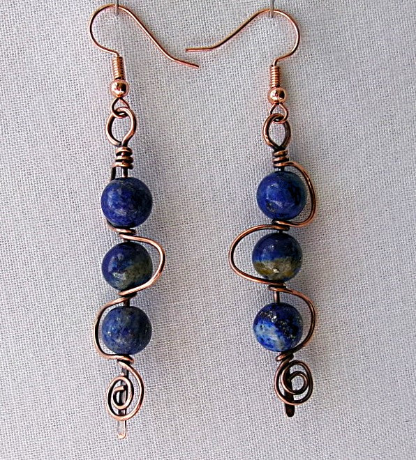 Lapis lazuli copper wire earrings in stacked spiral design