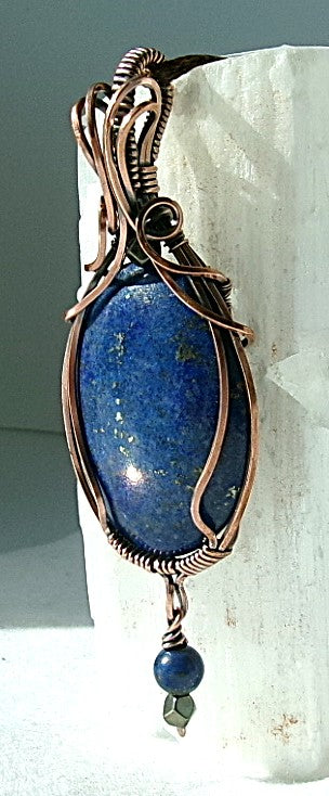 Lapis Lazuli gemstone copper wire wrapped crystal pendant with a beaded dangle features pyrite and lapis accent beads
