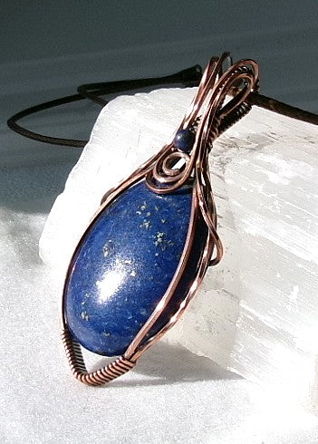 Lapis Lazuli gemstone copper wire wrapped crystal pendant with lapis accent bead and spiral