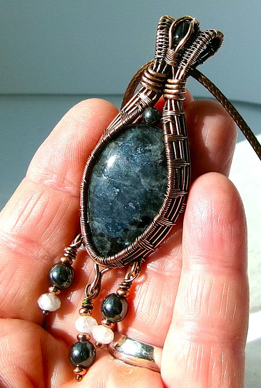 Larvikite gemstone copper wire wrapped crystal pendant with black onyx bail stone and 3 dangles
