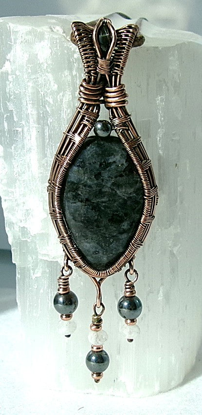 Larvikite gemstone copper wire wrapped crystal pendant with black onyx bail stone and 3 dangles