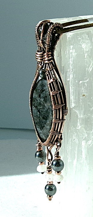 Larvikite gemstone copper wire wrapped crystal pendant with black onyx bail stone and 3 dangles