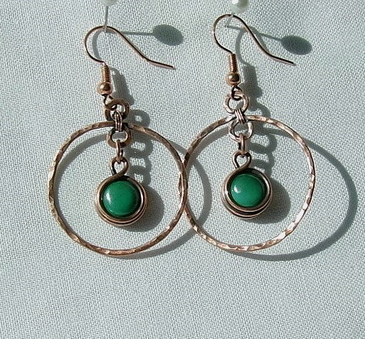 Malachite copper wire wrapped hammered hoop earrings