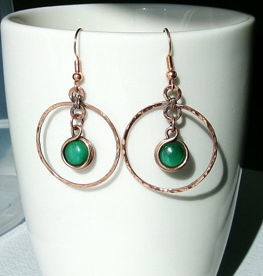 Malachite copper wire wrapped hammered hoop earrings