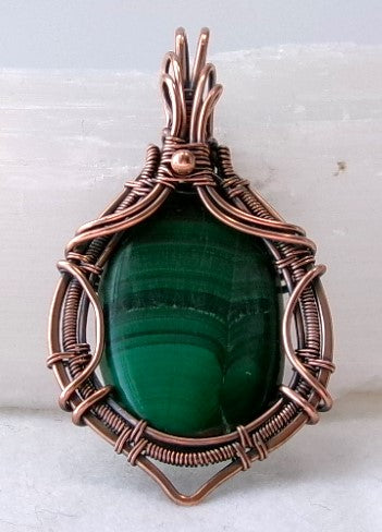 Malachite gemstone copper wire wrapped crystal pendant with copper accent bead