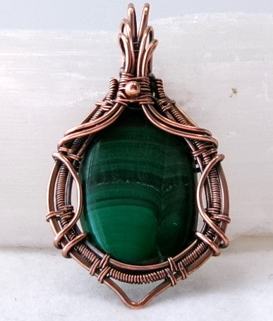 Malachite gemstone copper wire wrapped crystal pendant with copper accent bead