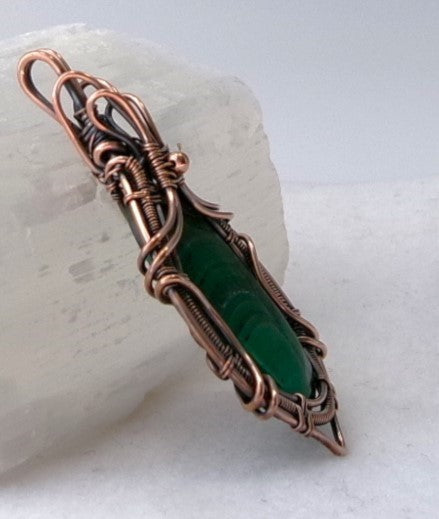 Malachite gemstone copper wire wrapped crystal pendant with copper accent bead