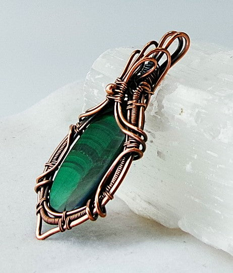 Malachite gemstone copper wire wrapped crystal pendant with copper accent bead