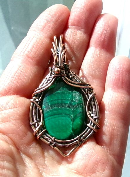 Malachite gemstone copper wire wrapped crystal pendant with copper accent bead