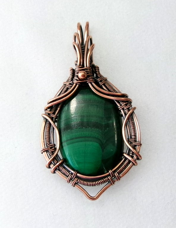 Malachite gemstone copper wire wrapped crystal pendant with copper accent bead