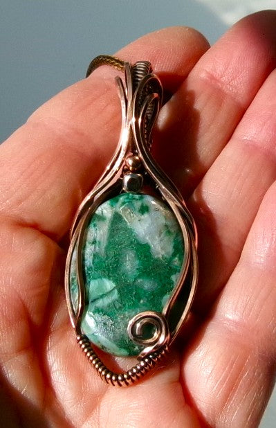 Malachite with Quartz gemstone copper wire wrapped crystal pendant with copper and silver accent beads