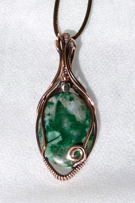 Malachite with Quartz gemstone copper wire wrapped crystal pendant with copper and silver accent beads