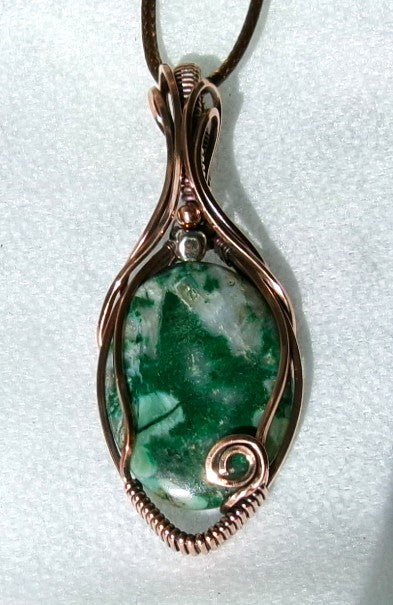 Malachite with Quartz gemstone copper wire wrapped crystal pendant with copper and silver accent beads