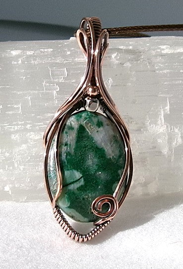 Malachite with Quartz gemstone copper wire wrapped crystal pendant with copper and silver accent beads