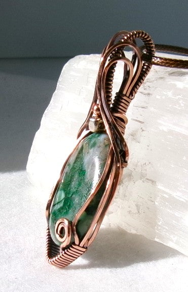 Malachite with Quartz gemstone copper wire wrapped crystal pendant with copper and silver accent beads